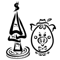 A piglet with a tie and a hat with a feather sitting next to a tree of money