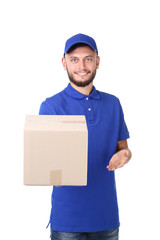 Delivery man with cardboard box isolated on white background