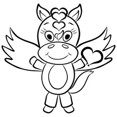 cute little winged unicorn holds a heart