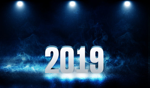 2019 on a dark background in a neon glow. Background of empty street at night, smoke, smog, searchlight light - Powered by Adobe