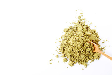 Post workout plant based muscle recovery hemp protein for vegans, bodybuilders and athletes. Healthy dry powder supplement, fitness food, omega 3 & 6 rich. Background, copy space, close up.