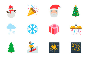 New year celebration icons, Happy Christmas gift vector illustration flat style symbols, emoji emoticons set, collection.