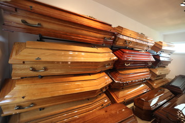 Wooden coffins in the room
