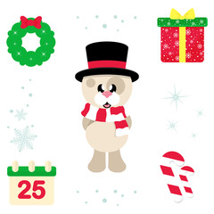 winter cartoon cute dog with scarf in hat and christmas elements illustration vector 