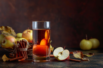 Glass of apple juice or cider with juicy apples and cinnamon sticks.