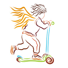 Winged child riding a scooter fun, sports and leisure