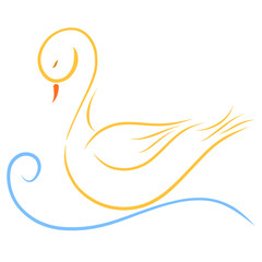 Graceful yellow swan swimming on a curly wave