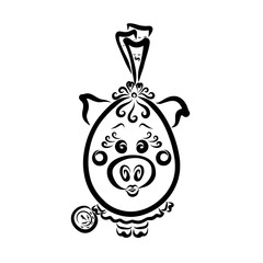 Piggy bank with banknotes and coin, funny girl