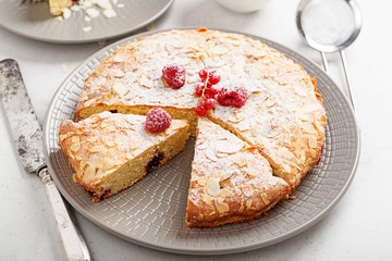Almond and berry cake, Bakewell tart. Traditional British pastry. 