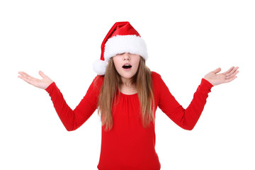 Young girl in santa hat on white background