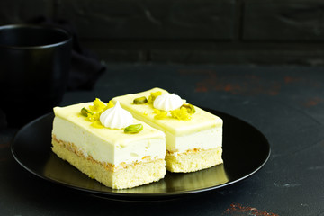 piece of pistachio cake mousse.