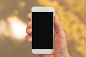 Smartphone in hand mock up, autumn background