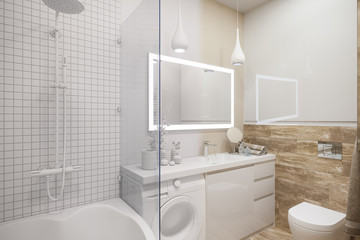 3d illustration of an interior design of a white minimalist bathroom