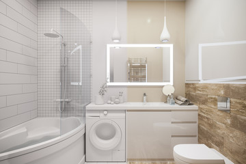 3d illustration of an interior design of a white minimalist bathroom