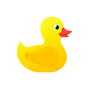 Cute yellow rubber or plastic duck toy for bath isolated on white background. Vector bathing baby toy illustration.