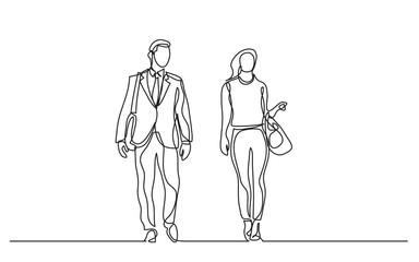 continuous line drawing of two business persons walking together and talking