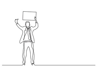 continuous line drawing of standing office worker pointing at blank sign