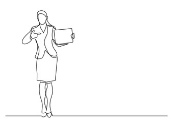 continuous line drawing of standing female office worker pointing at blank sign