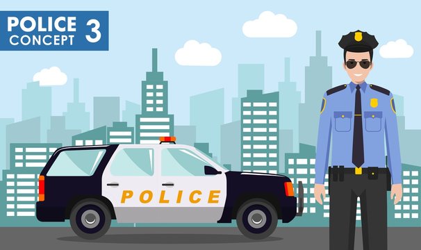 Police concept. Detailed illustration of policeman on background with police car and cityscape in flat style. Vector illustration.