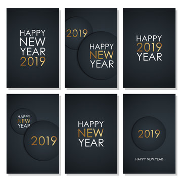 2019 Happy New Year celebrate flyers set with golden colored elements and black background. Vector illustration.