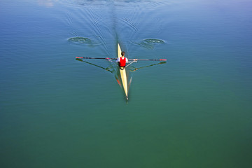 Single scull rowing competitor, rowing race one rower