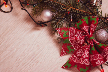 Background, screen saver for the new year and Christmas. Christmas toys and Christmas tree branches with beads.