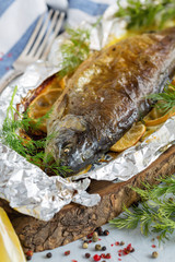 Rainbow trout baked in foil.