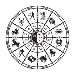 Round black horoscope on a white background.Circle with signs of zodiac.Vector