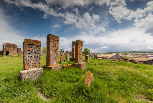 Armenia, Lake Sevan, Noratus, town cemetery, ancient khachkar monuments