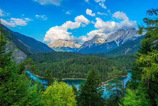 View at Zugspitz massif and Blindsee from Fernpass, Tyrol, Austria