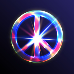 transparent shiny peace sign on the background of bright multicolored flash of light