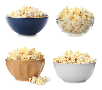 Set with bowls of tasty popcorn on white background