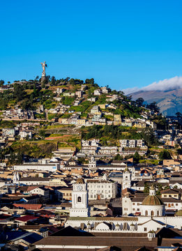 View over Old Town towards El Panecillo Hill, Quito, Pichincha Province, Ecuador