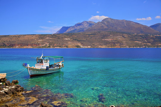 Fishing Boat, Limeni, Mani Peninsula, The Peloponnese, Greece, Southern Europe