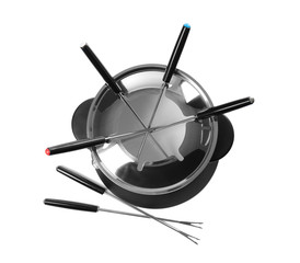 Modern fondue set on white background. Kitchen equipment