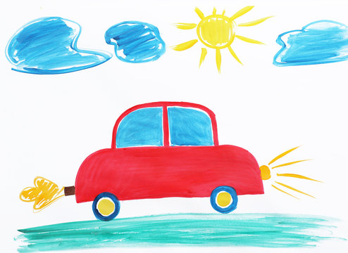 Colorful children painting of red car on white background