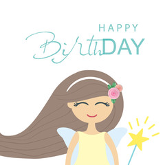 Cute fairy girl birthday card template. Vector illustration.