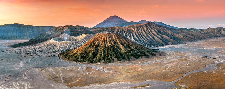 View of Mountains Bromo, Semeru and Batok at sunrise