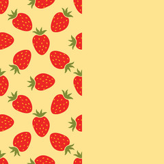 Card with cartoon red strawberry and empty space. Seamless border with strawberry on white background. Fruit background.