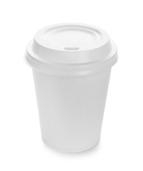 Takeaway paper coffee cup with lid on white background. Space for design