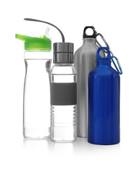 Different water bottles for sports on white background