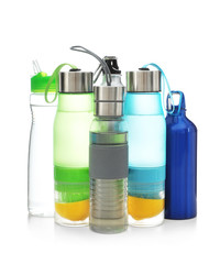 Different water bottles for sports on white background