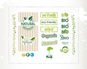 Bio labels, natural quality, eco friendly, vector illustration