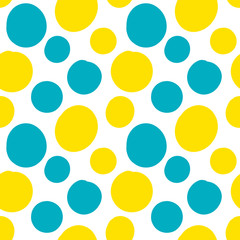 Geometrical background with uneven circles. Abstract round seamless pattern. Hand drawn colorful dots pattern on white background. Vector illustration.