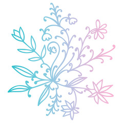 Icon thin line doodle floral round element with flowers, branches and leaves isolated on white background. Vector illustration.