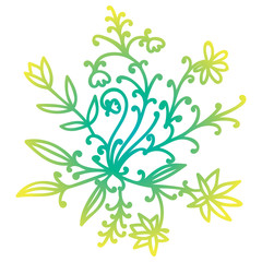 Icon thin line doodle floral round element with flowers, branches and leaves isolated on white background. Vector illustration.