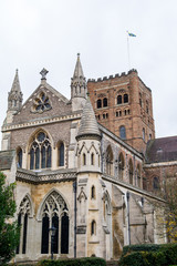Exterior shot of St Albans City Cathedral, overcast day