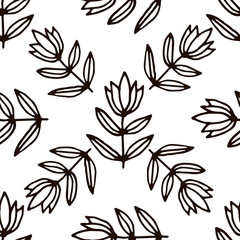 Cute floral seamless pattern with thin line black doodle branches and leaves on white background. Vector illustration.