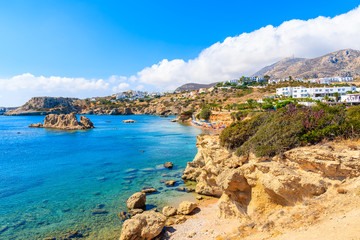 View of beautiful beach in Ammopi village on Karpathos island, Greece