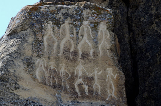 Neolithic rock paintings of Gobustan, depicting dancing people, Azerbaijan,Caucasus,unesco heritage site
